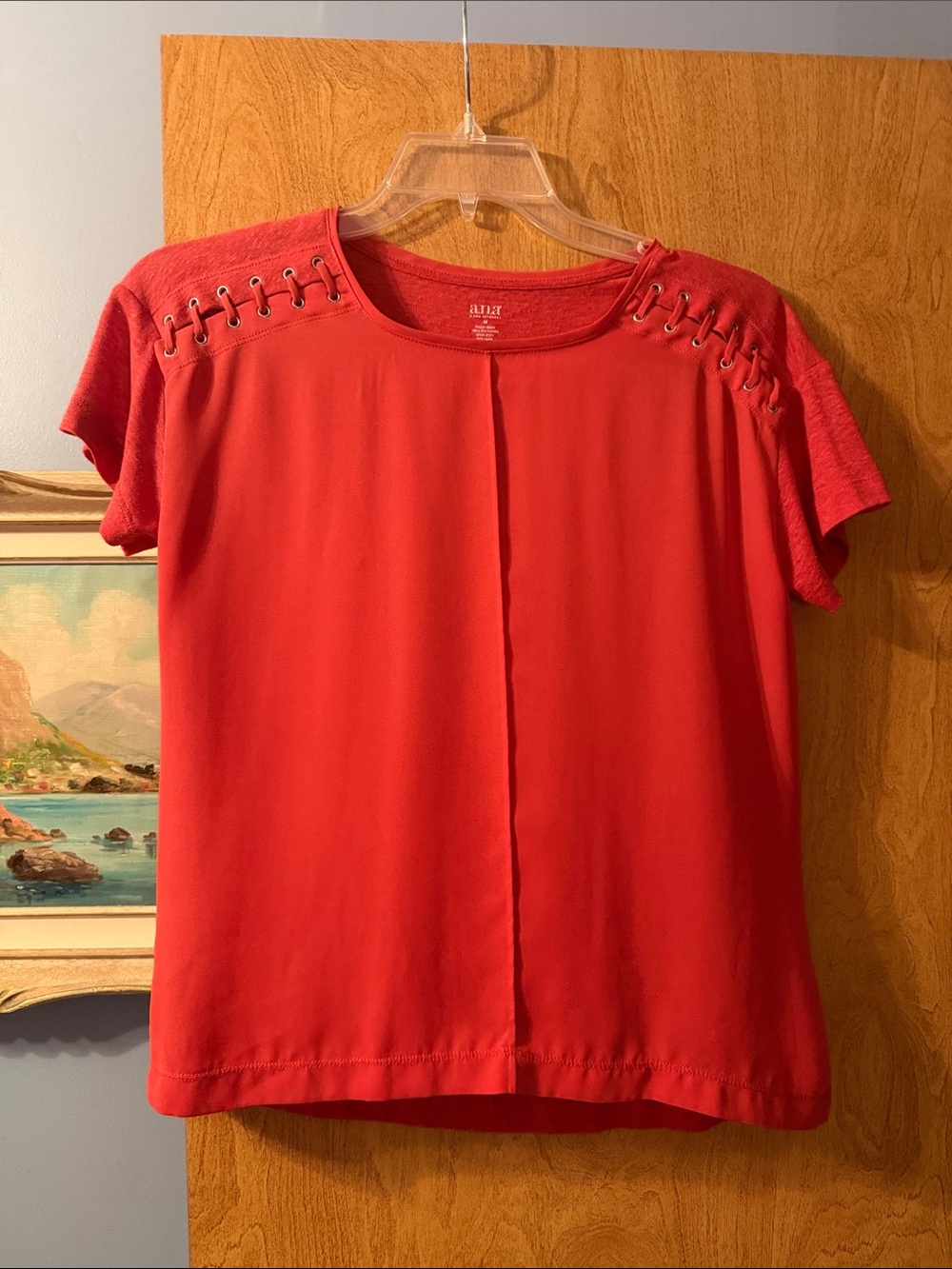 a.n.a Red Short Sleeve Lace-Up Shoulder Tee